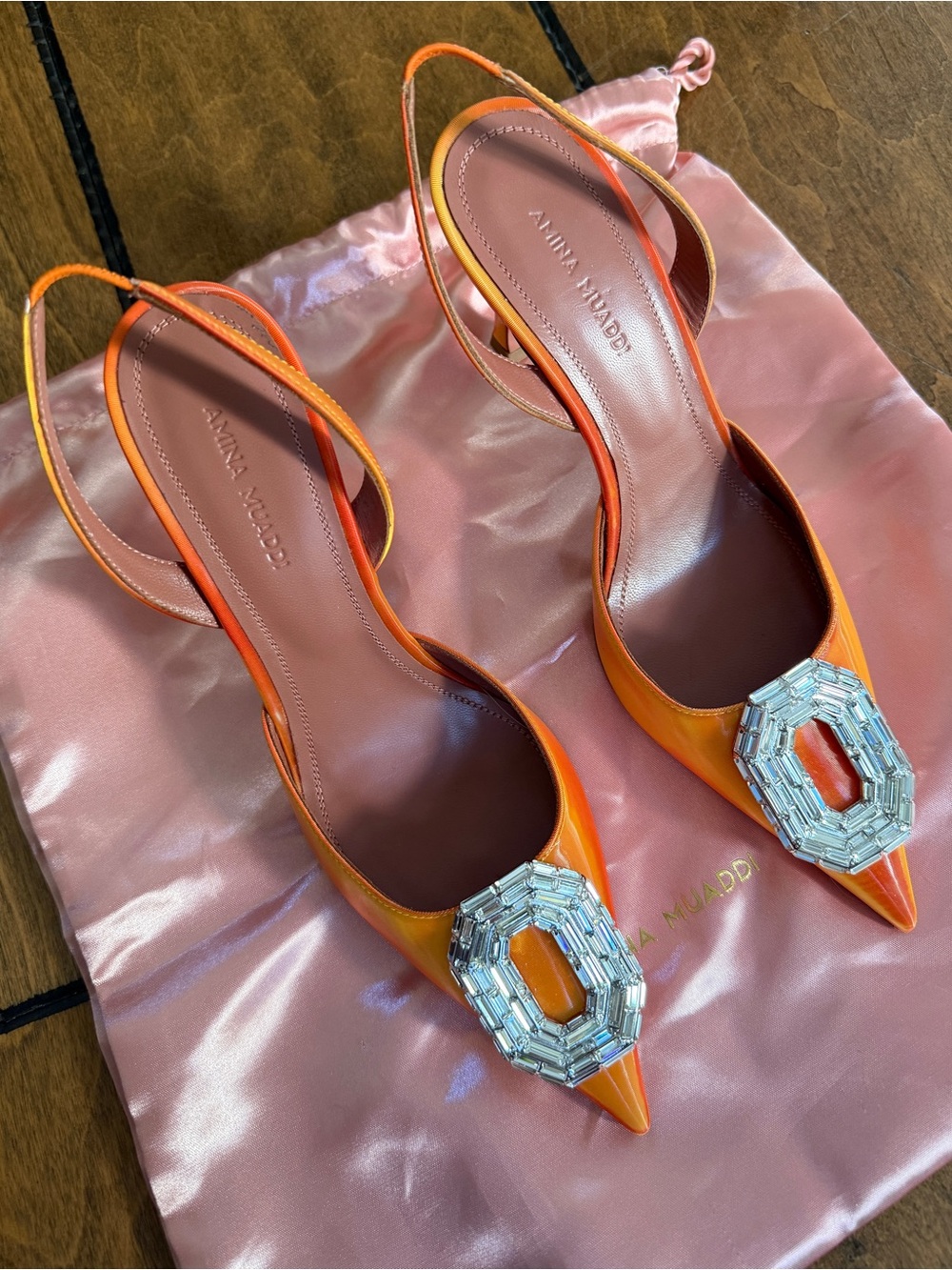 NWT Amina Muaddi Ombre Camellia Slingback Heels
